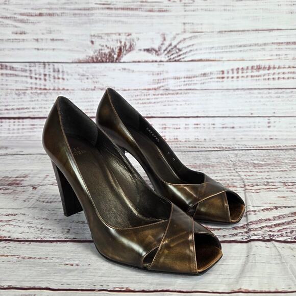 Stuart Weitzman Bonze Peep Toe Pumps 9 Chunky Heel Crossover Classic Lux Event - Picture 6 of 9